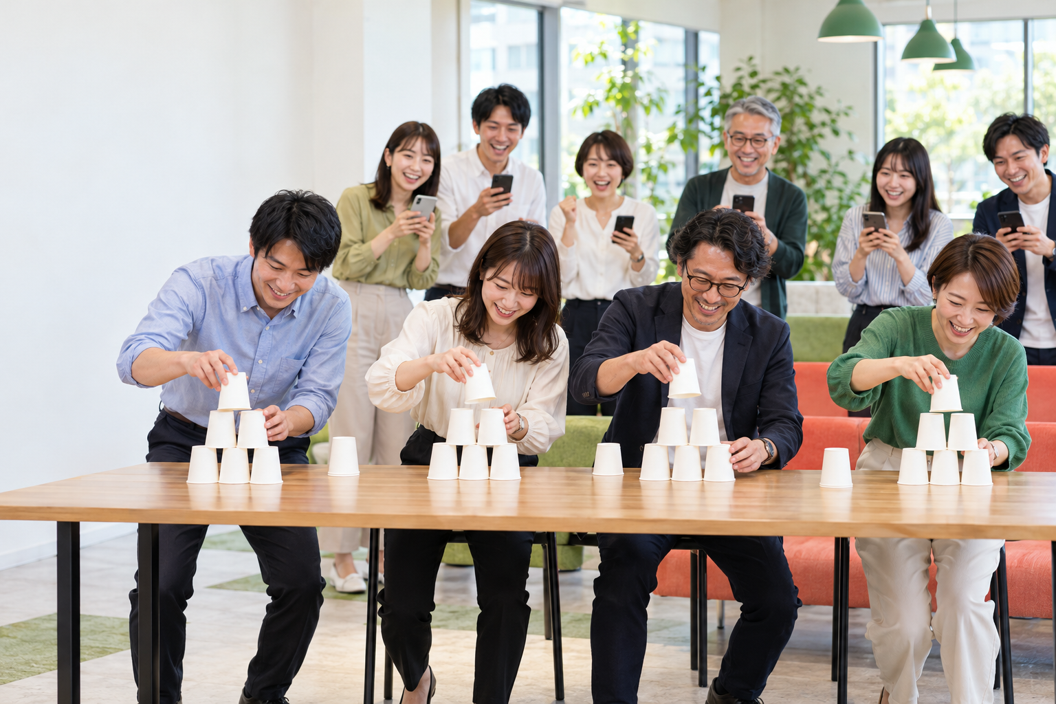 紙コップ積みの競技とスマートフォンでの予想を楽しむ利用シーンのイメージ